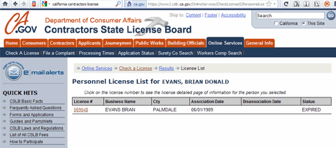 Brian Evans contractor's license expired in 1989, over 22 years ago